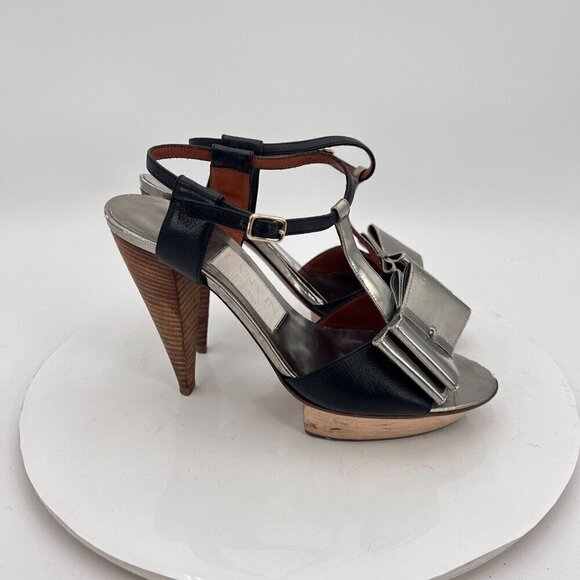 Lanvin Women Size EU 37 US 7 Black Silver Bow T Strap Platform Cone Heel Sandal - Picture 4 of 15